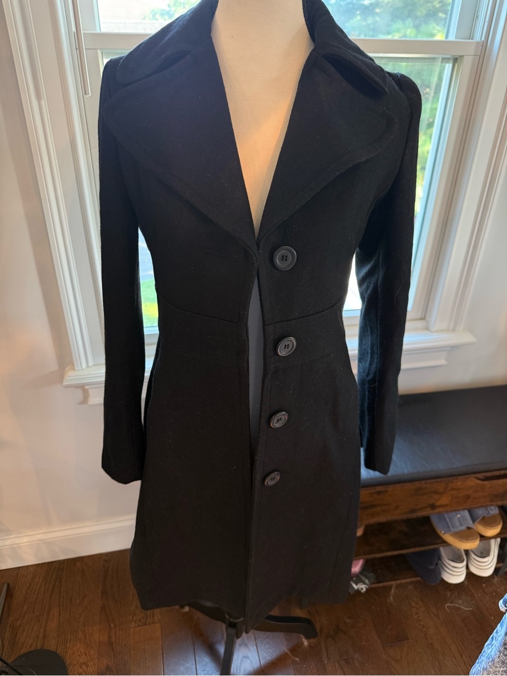 Freeway Black Tailored Wool Blend Button-Front Trench Coat Size Small Looks Xs